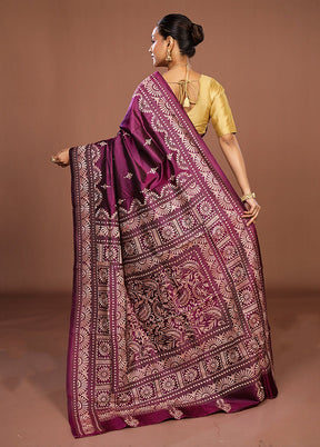 Purple Handloom Kantha Stitch Pure Silk Saree With Blouse Piece