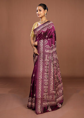Purple Handloom Kantha Stitch Pure Silk Saree With Blouse Piece
