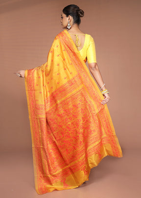 Yellow Handloom Kantha Stitch Pure Silk Saree With Blouse Piece