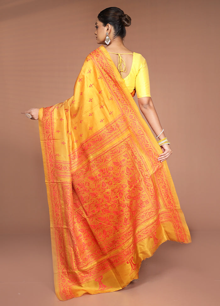 Yellow Handloom Kantha Stitch Pure Silk Saree With Blouse Piece