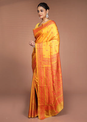 Yellow Handloom Kantha Stitch Pure Silk Saree With Blouse Piece