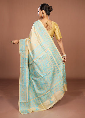 Cream Handloom Kantha Stitch Pure Silk Saree With Blouse Piece