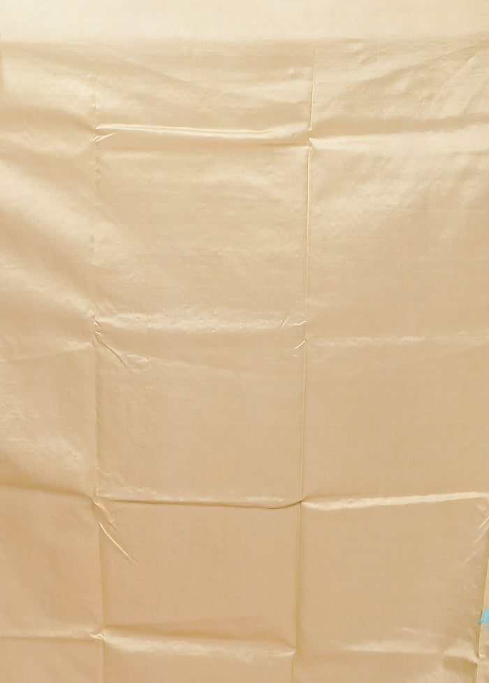 Cream Handloom Kantha Stitch Pure Silk Saree With Blouse Piece
