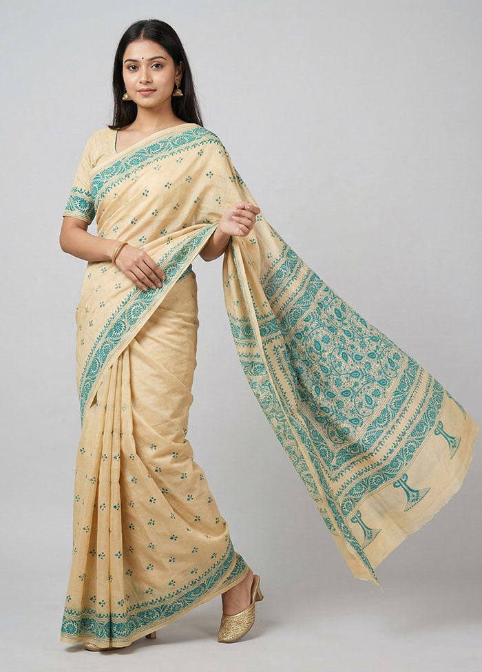 Cream Handloom Kantha Stitch Pure Silk Saree With Blouse Piece