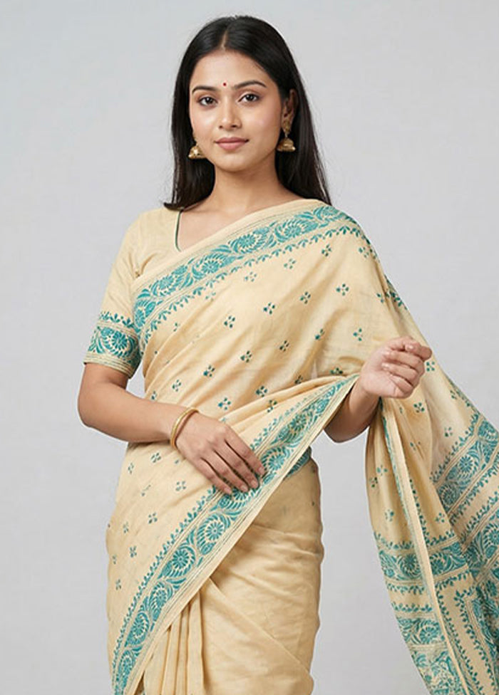 Cream Handloom Kantha Stitch Pure Silk Saree With Blouse Piece