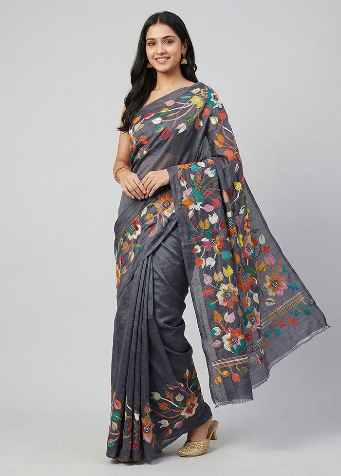 Black Handloom Kantha Stitch Pure Silk Saree With Blouse Piece