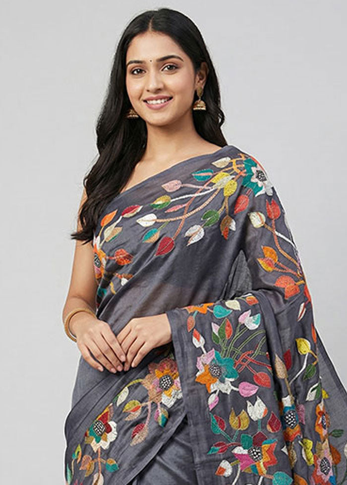 Black Handloom Kantha Stitch Pure Silk Saree With Blouse Piece
