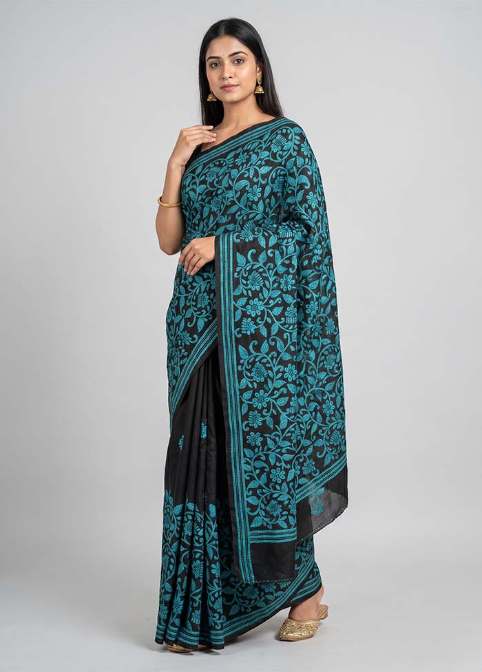 Black Handloom Kantha Stitch Pure Silk Saree With Blouse Piece
