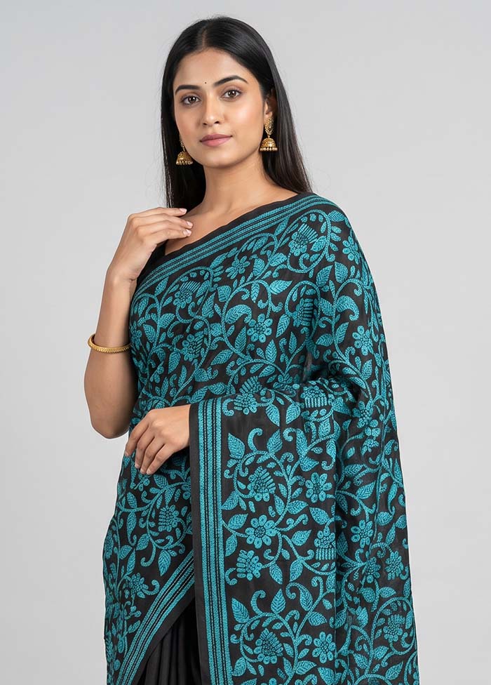Black Handloom Kantha Stitch Pure Silk Saree With Blouse Piece
