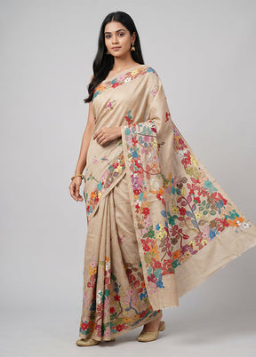 Cream Handloom Kantha Stitch Pure Silk Saree With Blouse Piece