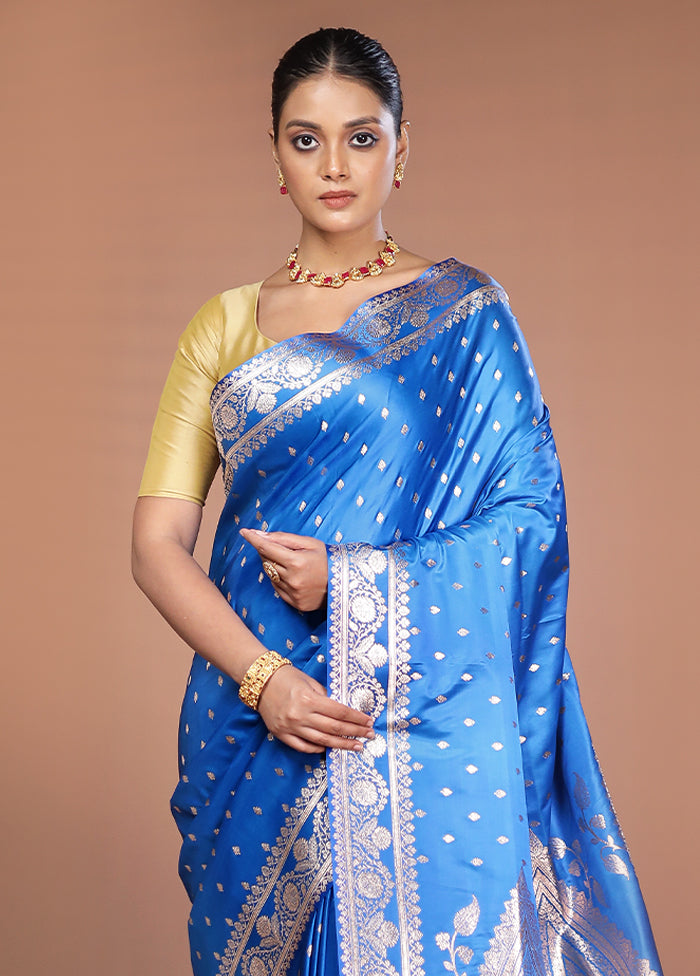 Blue Banarasi Silk Saree With Blouse Piece