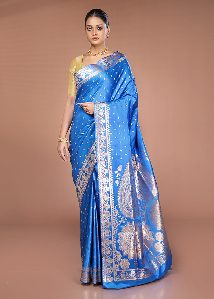 Blue Banarasi Silk Saree With Blouse Piece