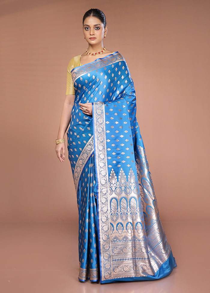 Blue Banarasi Silk Saree With Blouse Piece