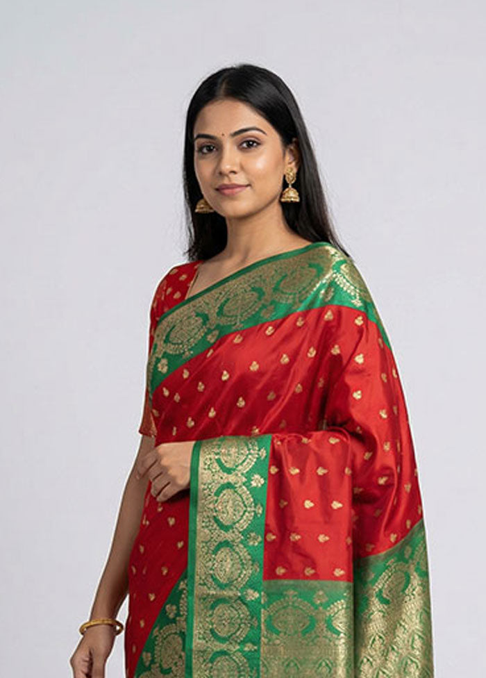 Red Kanjivaram Silk Saree With Blouse Piece
