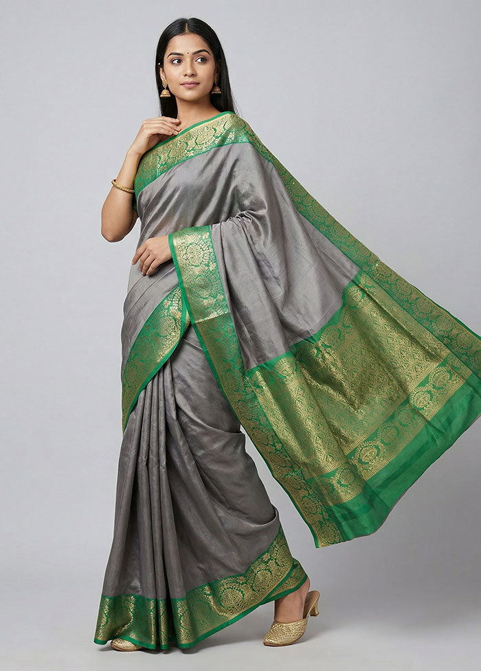 Grey Kanjivaram Silk Saree With Blouse Piece