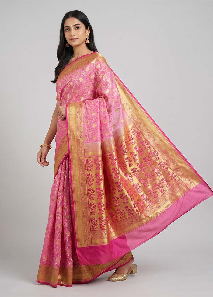 Pink Kanjivaram Silk Saree With Blouse Piece