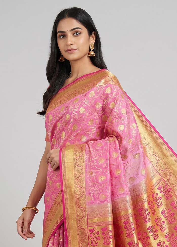 Pink Kanjivaram Silk Saree With Blouse Piece