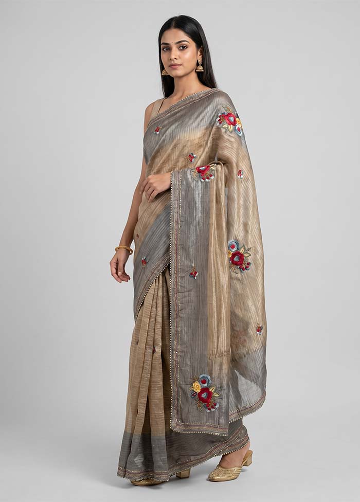 Cream Tussar Silk Saree With Blouse Piece