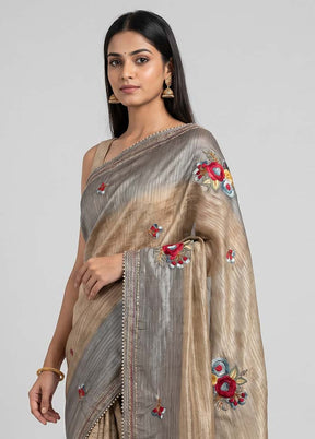 Cream Tussar Silk Saree With Blouse Piece