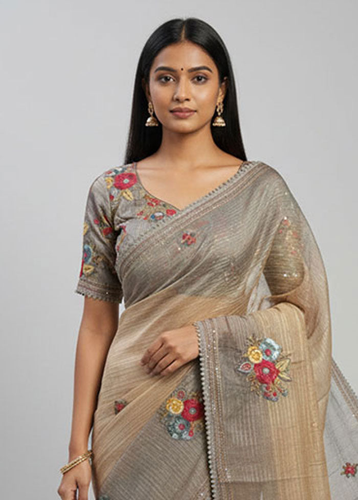 Cream Tussar Silk Saree With Blouse Piece