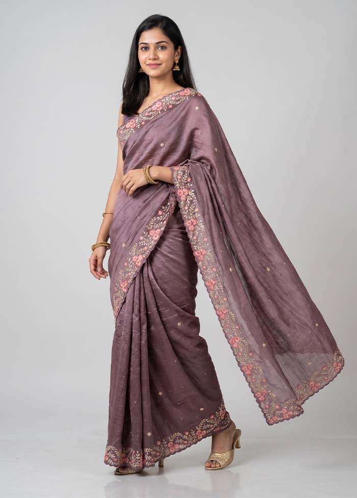 Purple Handloom Tussar Pure Silk Saree With Blouse Piece