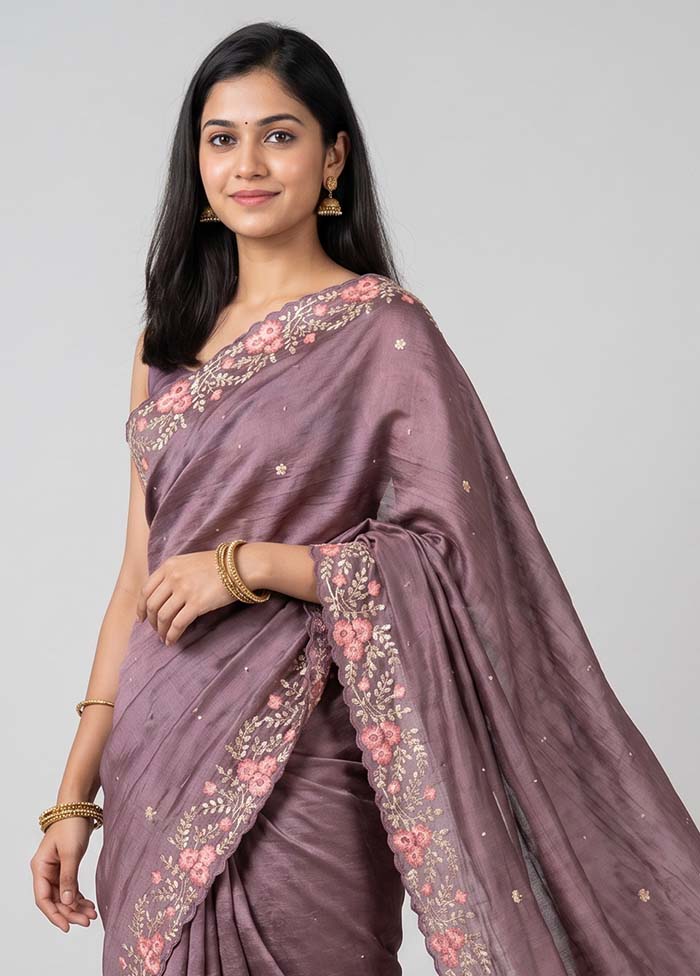 Purple Handloom Tussar Pure Silk Saree With Blouse Piece
