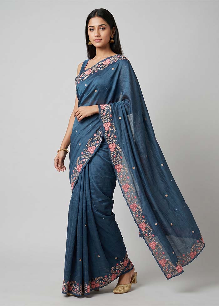 Blue Handloom Tussar Pure Silk Saree With Blouse Piece