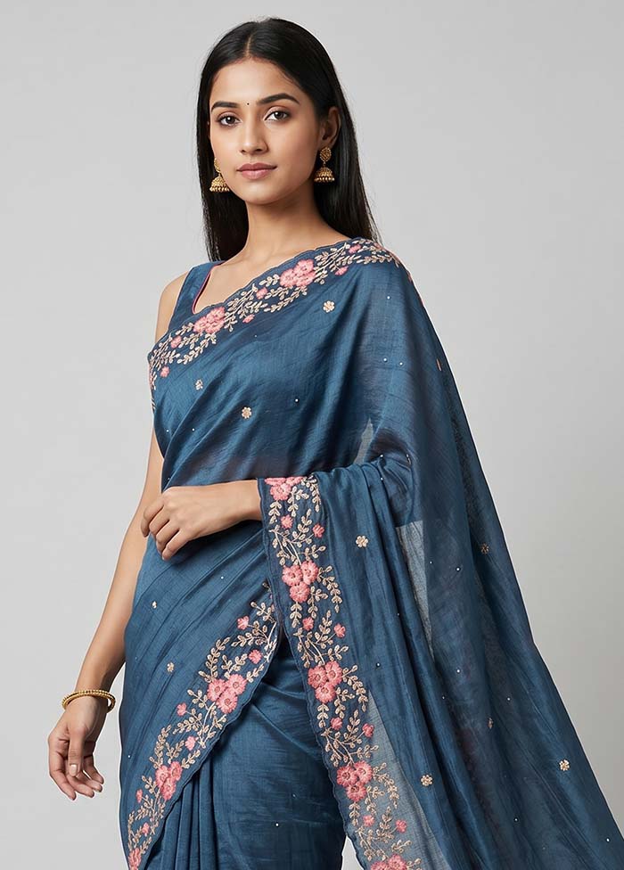 Blue Handloom Tussar Pure Silk Saree With Blouse Piece