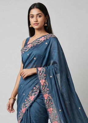 Blue Handloom Tussar Pure Silk Saree With Blouse Piece