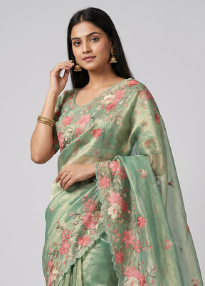 Green Tissue Silk Saree With Blouse Piece
