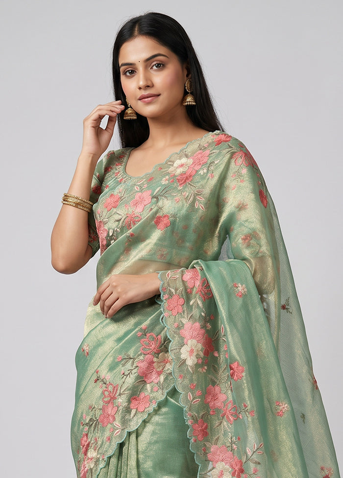 Green Tissue Silk Saree With Blouse Piece