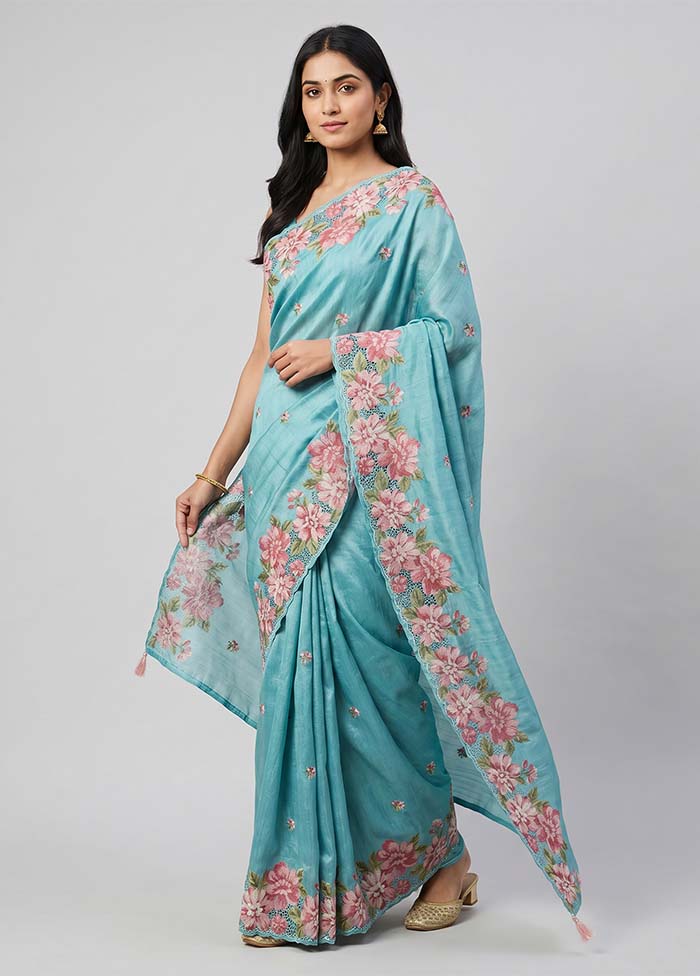 Blue Tussar Silk Saree With Blouse Piece