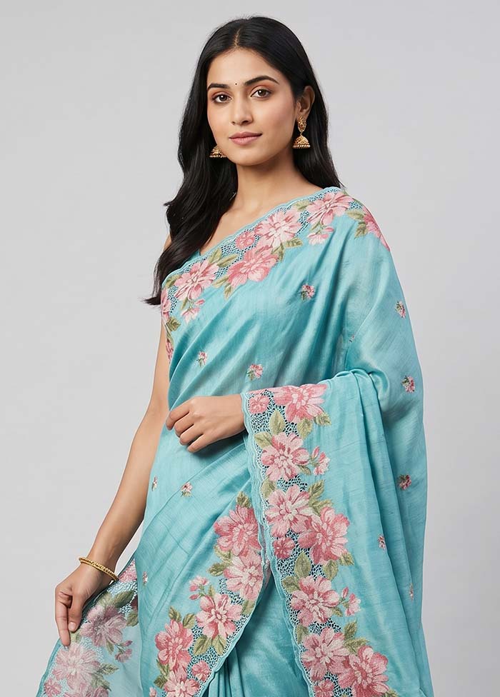 Blue Tussar Silk Saree With Blouse Piece