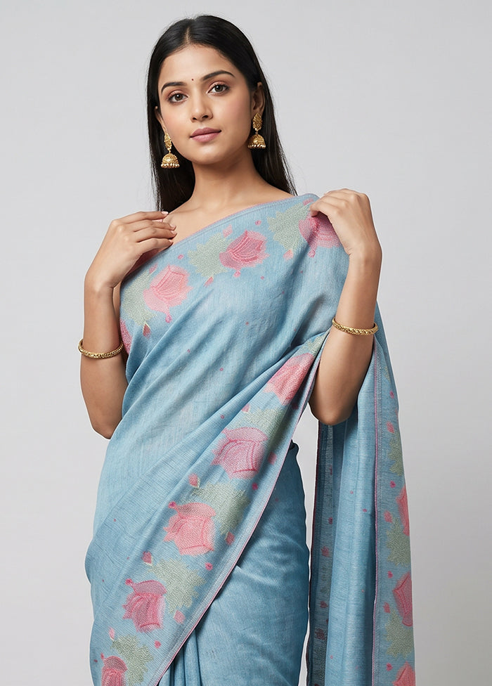 Blue Tissue Silk Saree With Blouse Piece