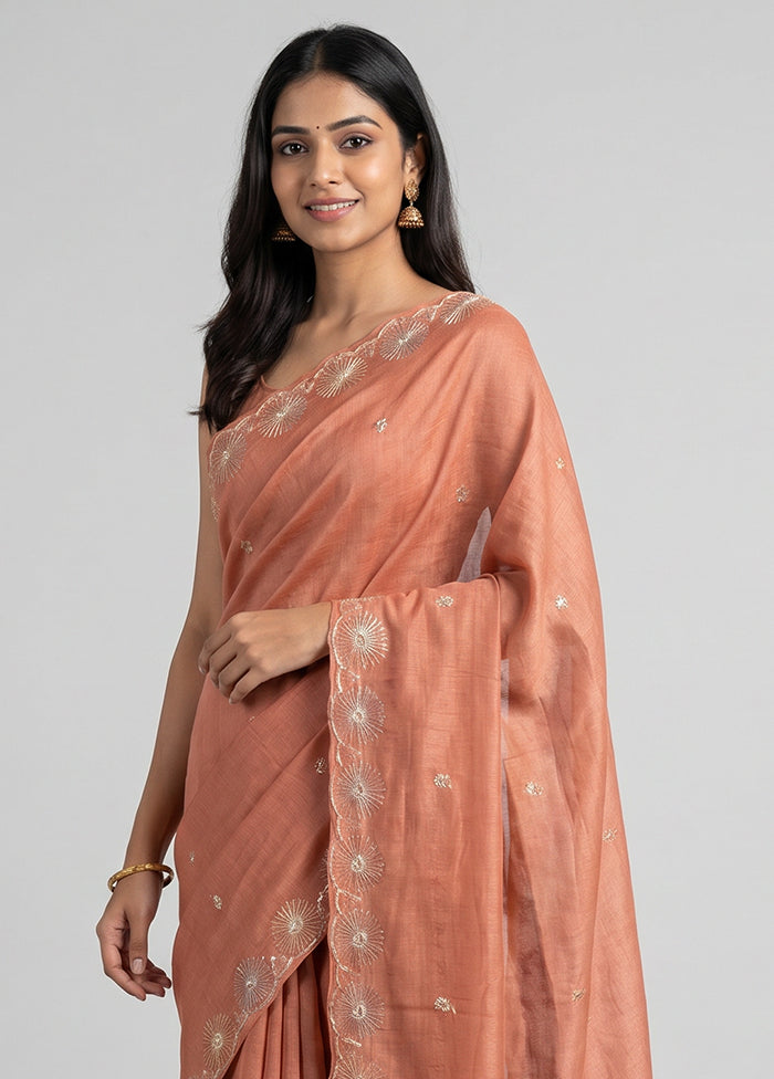 Rust Tussar Silk Saree With Blouse Piece