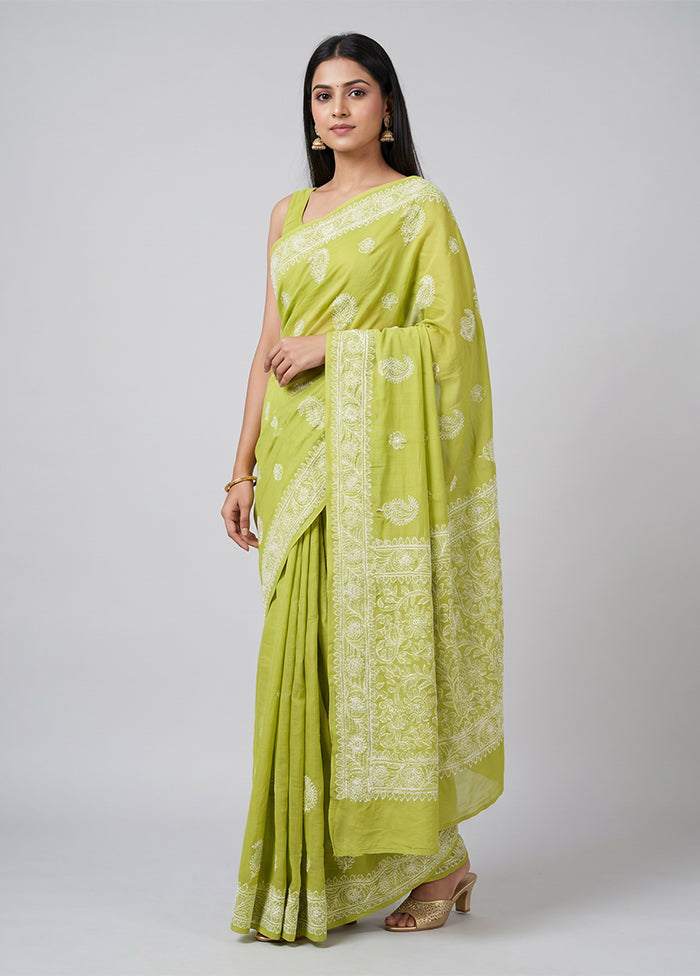 Green Chikan Silk Saree With Blouse Piece