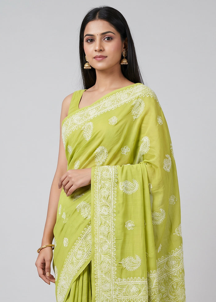 Green Chikan Silk Saree With Blouse Piece