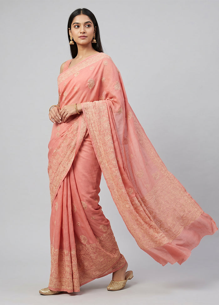 Pink Chikan Silk Saree With Blouse Piece