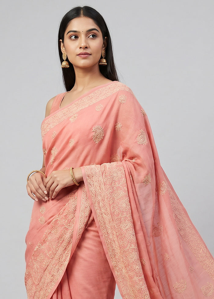 Pink Chikan Silk Saree With Blouse Piece