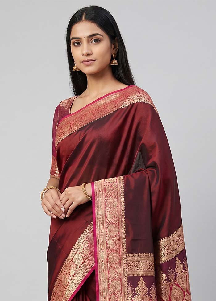 Maroon Banarasi Silk Saree With Blouse Piece