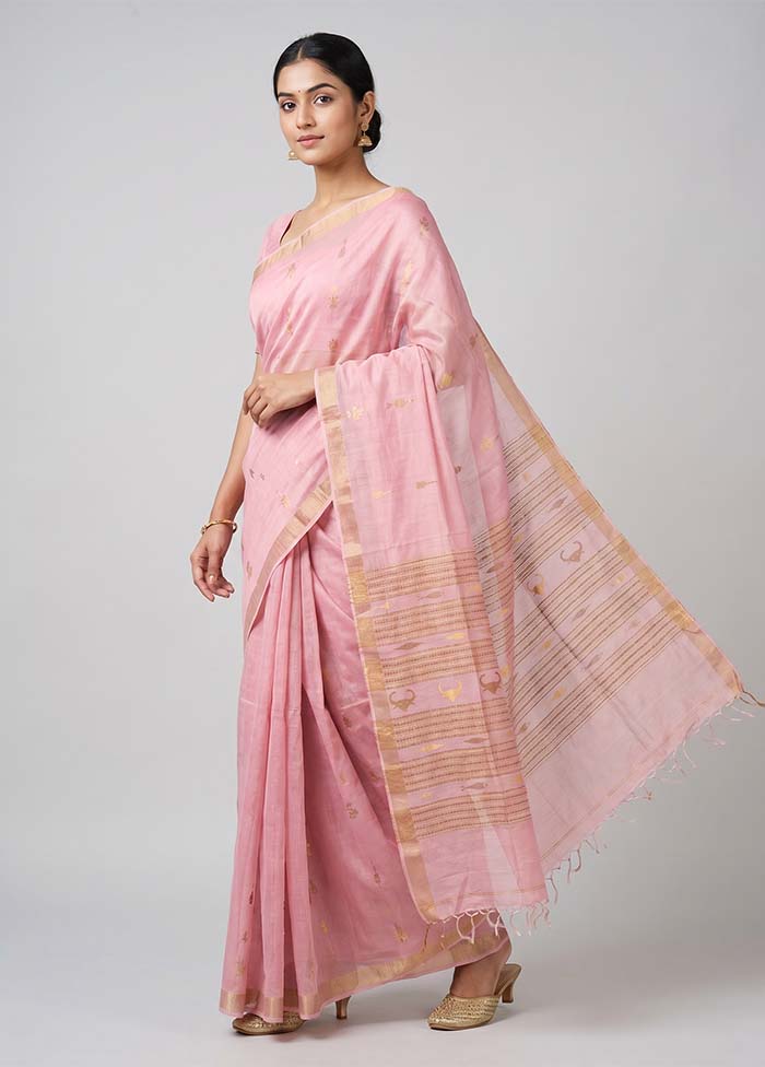 Pink Handloom Tussar Pure Silk Saree With Blouse Piece