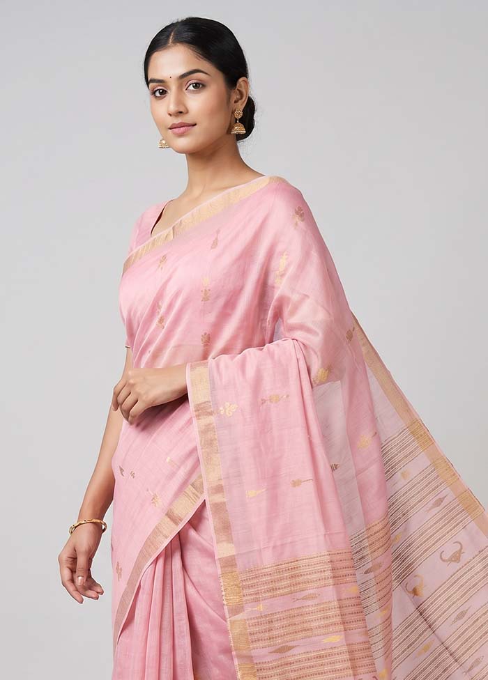 Pink Handloom Tussar Pure Silk Saree With Blouse Piece