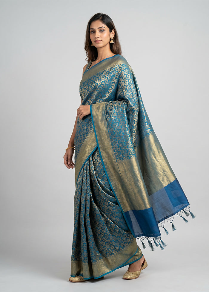 Blue Kora Silk Saree With Blouse Piece