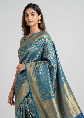 Blue Kora Silk Saree With Blouse Piece
