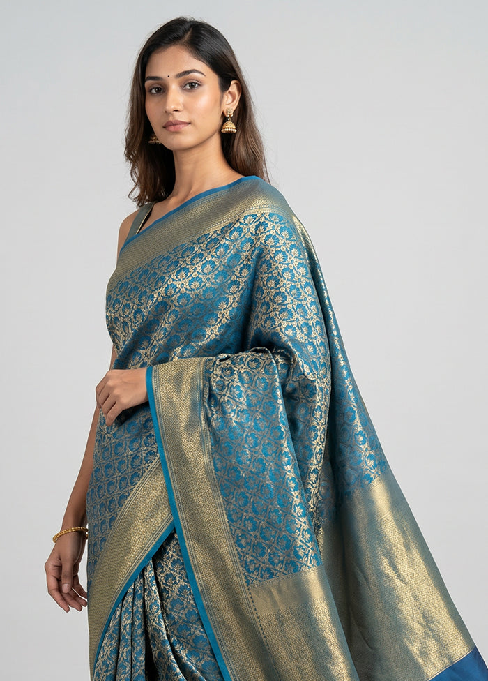 Blue Kora Silk Saree With Blouse Piece