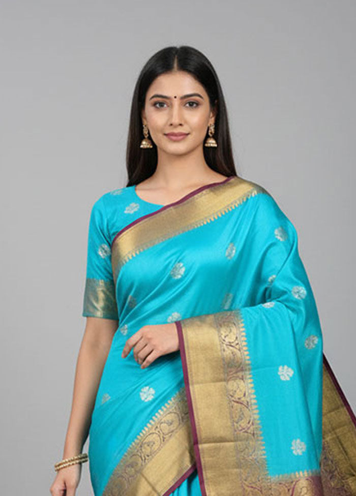 Blue Handloom Kanchipuram Pure Silk Saree With Blouse Piece