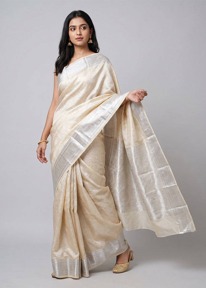Cream Handloom Kanchipuram Pure Silk Saree With Blouse Piece