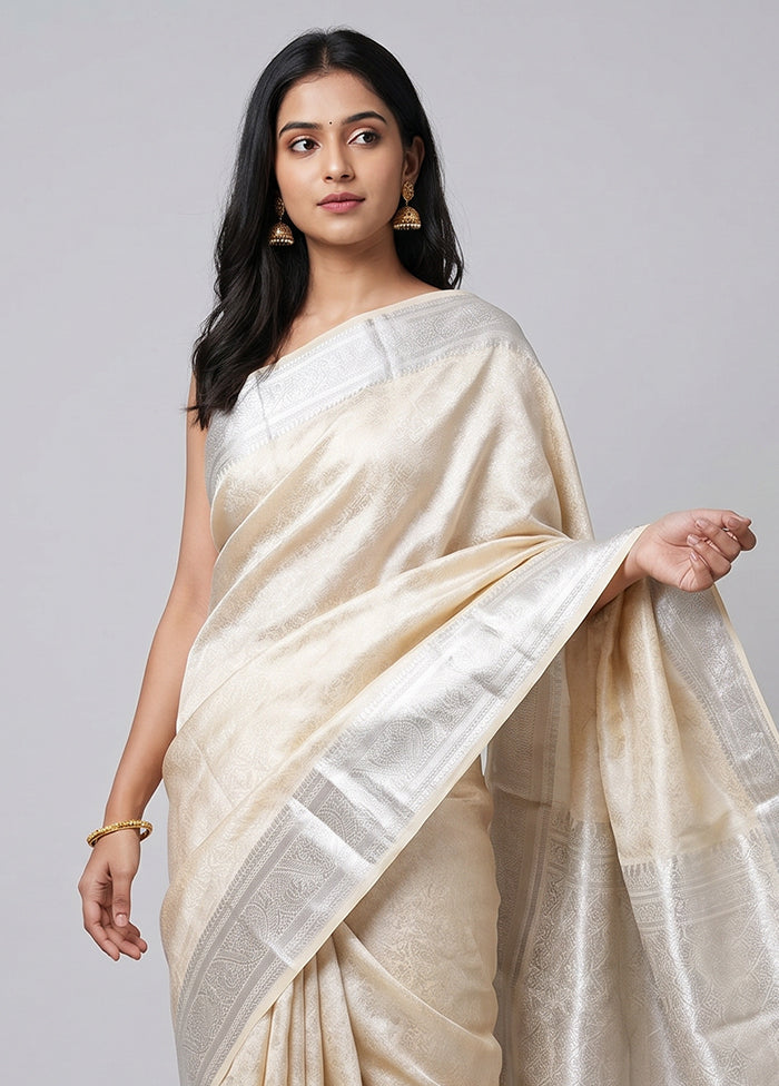 Cream Handloom Kanchipuram Pure Silk Saree With Blouse Piece