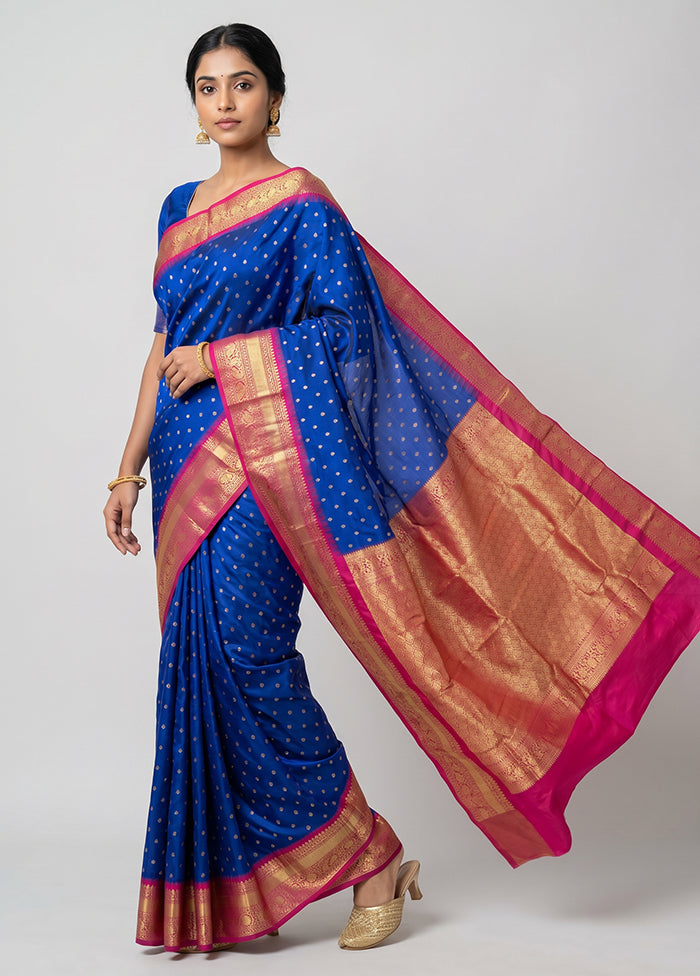 Blue Handloom Kanchipuram Pure Silk Saree With Blouse Piece