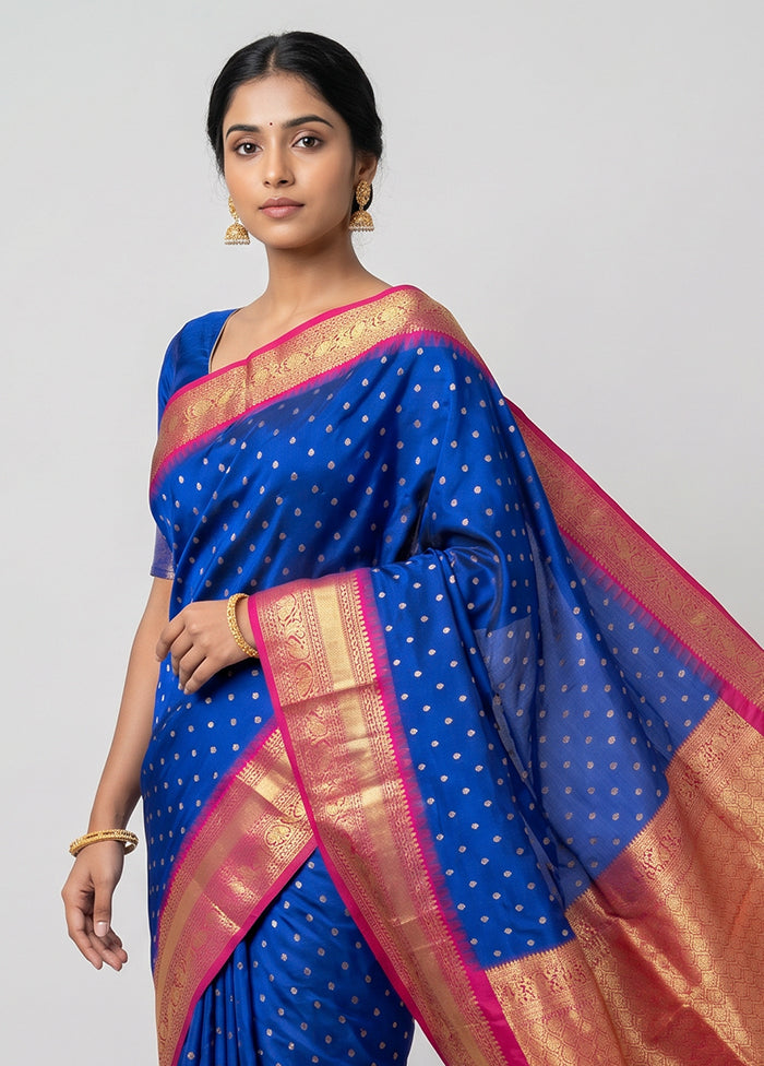 Blue Handloom Kanchipuram Pure Silk Saree With Blouse Piece